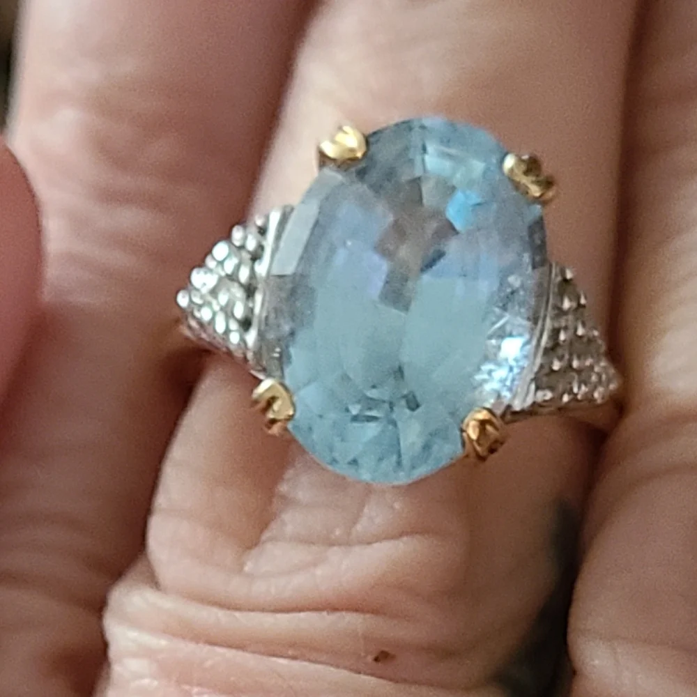 Elegant Vintage 5 Carat Blue Topaz, Diamond & 14k Gold Women's Ring